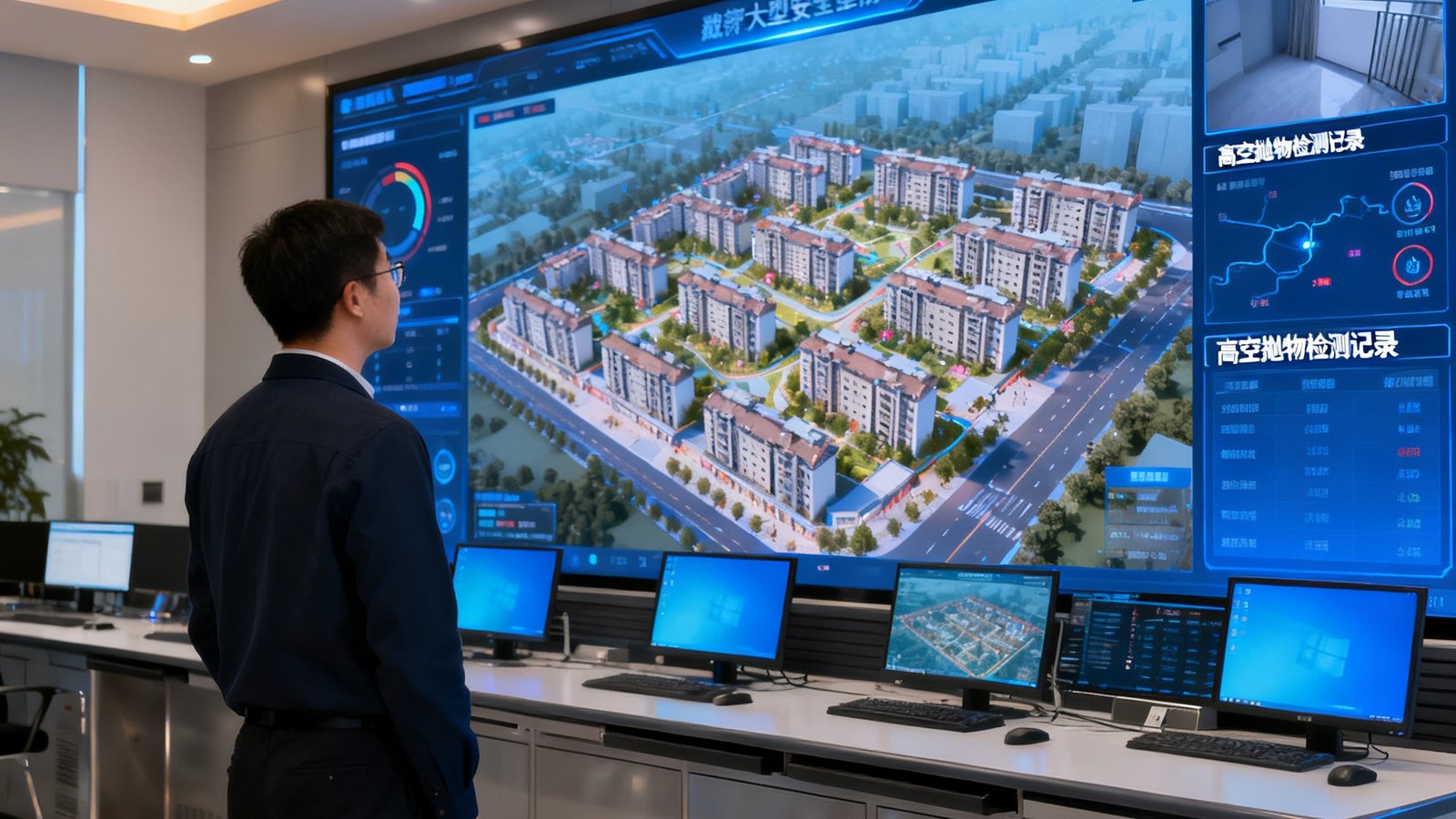 DS视讯社区数字安防平台在成都某大型社区的实际应用场景，监控中心大屏上展示着社区三维地图与实时AI告警信息，工作人员正在查看高空抛物检测记录