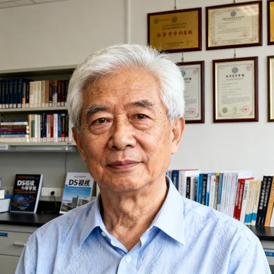 DS视讯首席科学家李建华教授的正面半身照，头发花白但精神矍铄，身着浅蓝色衬衫，背景为大学实验室的书架和学术期刊，墙上挂有多项专利证书